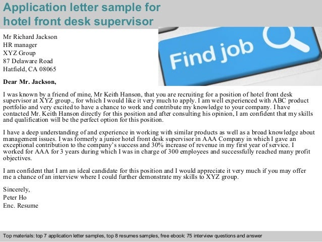 Hotel Front Desk Supervisor Application Letter