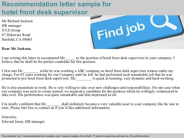Hotel Front Desk Supervisor Recommendation Letter