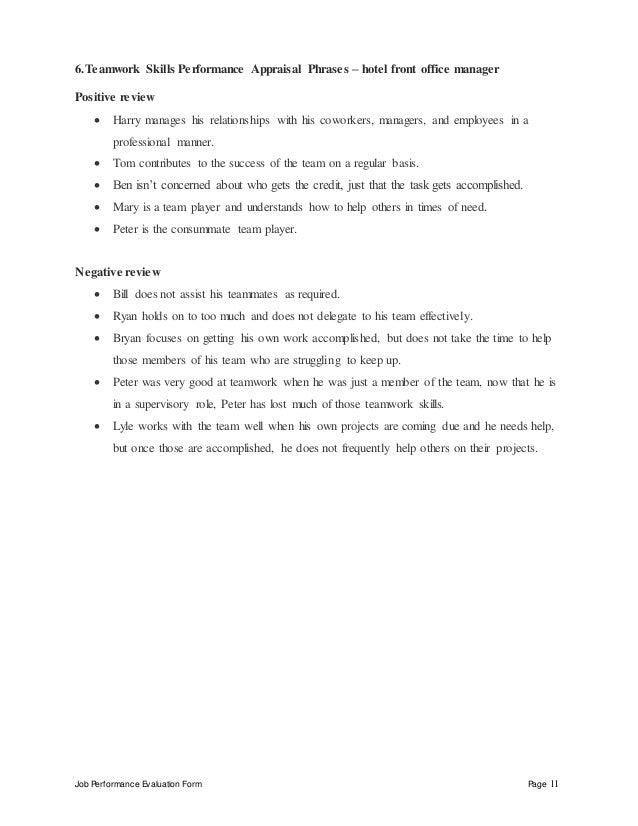 Hotel Front Office Manager Performance Appraisal