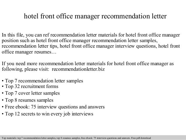 Sample Hotel Front Office Manager Remar