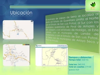 Ubicación
Tiempos y distancias:
Tiempo total: 4:33 hrs
Total km: 340.510
Total en casetas: 219.00
(pesos m/n)
 