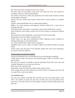 Hotel Housekeeping, Semester- Second
Compiled & Printed by ECDL Educations Pvt. Ltd. Page 53
Ink: if not removed by washing treat as for iron mould.
Ink (red): often not removable, except when very fresh, but some may respond to
washing or sodium or sodium hydrosulphite.
Iron mould: rust remover, oxalic acid, potassium acid oxalate (salts of lemon), sodium
hydrosulphite or Rustasol.
Lacquer and nail varnish: amyl acetate, acetone (not on rayon acetate) or a cellulose
thinner.
Lipstick: carbon tetrachloride and /or sodium hydrosulphite.
Mildew: hot weak potassium permanganate solution followed by a weak acid or
hydrogen peroxide.
Paint (oil): if fresh, white spirit, or a proprietary pant remover followed by a solvent
Paint (Cellulose): amyl acetate, acetone (not on rayon acetate) or commercial cellulose
thinner.
Paint emulsion): wash immediately, as once dried it is almost irremovable.
Perspiration: treat as for mildew or protein stains.
Protein stains, e.g. egg, meat, perspiration: protein digesting enzyme contained in
biological detergents or as powdered pepsin.
Tar: carbon tetrachloride or white spirit, scraping first.
Vegetable stains, e.g. tea, coffee, etc: alkali or bleach (not chlorine bleaches on animal
fibers).
Vomit: scrape, soak and wash. If not washable, sponge with ward water containing a
few drops of ammonia. Blot dry.
9.4 STAIN REMOVAL FROM DIFF. SURFACES
Carpets and upholstery (care must be taken not to wet the backing or padding)
Candle grease: scrape, use hot iron and absorbent paper. Follow if necessary with a
grease solvent.
Ink: mop up as quickly as possible to prevent spreading. Wash with warm water and
synthetic detergent or use a weak acid, and rinse.
Mud: leave to dry, then brush off.
Shoe polish: scrape off if possible and then apply a grease solvent.
Urine: sponge with salt water, followed by a weak solution of ammonia and rinse well
or a squirt from a soda water siphon.
9.4.1 Polished wood
Ink: mop up as quickly as possible. Rub with fine dry steel wool or glass paper, or dab
with a hot solution of weak acid and rinse. In both cases color and polish will be
removed, so rub with linseed oil or shoe polish to darken and later apply polish, and
buff well.
 
