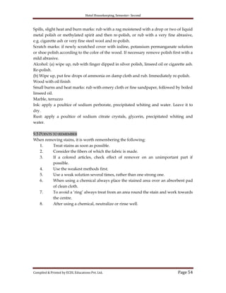 Hotel Housekeeping, Semester- Second
Compiled & Printed by ECDL Educations Pvt. Ltd. Page 54
Spills, slight heat and burn marks: rub with a rag moistened with a drop or two of liquid
metal polish or methylated spirit and then re-polish, or rub with a very fine abrasive,
e.g. cigarette ash or very fine steel wool and re-polish.
Scratch marks: if newly scratched cover with iodine, potassium permanganate solution
or shoe polish according to the color of the wood. If necessary remove polish first with a
mild abrasive.
Alcohol: (a) wipe up, rub with finger dipped in silver polish, linseed oil or cigarette ash.
Re-polish.
(b) Wipe up, put few drops of ammonia on damp cloth and rub. Immediately re-polish.
Wood with oil finish
Small burns and heat marks: rub with emery cloth or fine sandpaper, followed by boiled
linseed oil.
Marble, terrazzo
Ink: apply a poultice of sodium perborate, precipitated whiting and water. Leave it to
dry.
Rust: apply a poultice of sodium citrate crystals, glycerin, precipitated whiting and
water.
9.5 POINTS TO REMEMBER
When removing stains, it is worth remembering the following:
1. Treat stains as soon as possible.
2. Consider the fibers of which the fabric is made.
3. If a colored articles, check effect of remover on an unimportant part if
possible.
4. Use the weakest methods first.
5. Use a weak solution several times, rather than one strong one.
6. When using a chemical always place the stained area over an absorbent pad
of clean cloth.
7. To avoid a „ring‟ always treat from an area round the stain and work towards
the centre.
8. After using a chemical, neutralize or rinse well.
 