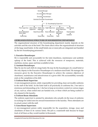 Hotel Housekeeping, Semester- Second

4.2ORGANIZATIONAL STRUCTURE OF HOUSEKEEPING DEPARTMENT
The organizational structure of the housekeeping department mainly depends on the
activities and the size of the hotel. The charts above show the organizational of structure
of the large sized hotels. In the small hotels one or more jobs are integrated and handled
by the few housekeeping personnel‟s.
1. Executive Housekeeper
He is responsible and accountable for the total cleanliness, maintenance and aesthetic
upkeep of the hotel. This is achieved with the resources of manpower, materials,
machines, money, space and time available to him.
2. Assistant Housekeeper
May be one for each shift of a large hotel, He may be the housekeeper of a small hotel or
the only deputy to the Executive Housekeeper of a medium-sized hotel. He manages the
resources given by the Executive Housekeeper to achieve the common objectives of
cleanliness, maintenance and attractiveness in a given shift. His accountability normally
ends on the completion of his shift.
3. Uniform Room Supervisor
A non-management person, solely responsible for providing clean serviceable uniforms
to the staff of the hotel. As the hotel staff is all practically in uniforms his / her task is
enormous and demanding as he / she has to keep an inventory control on various stages
of use, such as, when sorted ones are handed over, or those which are being washed or
dry-cleaned in the laundry.
4. Uniform Room Attendants
The uniform supervisor is assisted by attendants who actually do the issue of uniforms
in exchange for soiled ones for onward transmission to the laundry. These attendants are
in actual contact with the staff.
5. Linen Room Supervisors
A non-management person solely responsible for the acquisition, storage, issue and
cleanliness of linen in its various forms. His job is a mammoth task because he keeps
track of all linen as they would number in thousands.
Compiled & Printed by ECDL Educations Pvt. Ltd.

Page 22

 