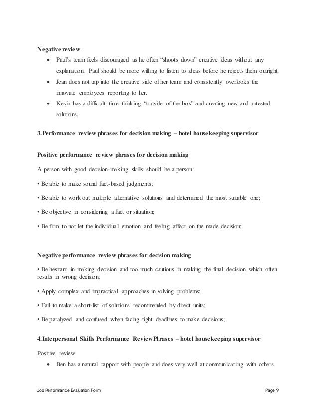 Hotel housekeeping supervisor performance appraisal