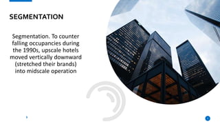 Segmentation. To counter
falling occupancies during
the 1990s, upscale hotels
moved vertically downward
(stretched their brands)
into midscale operation
3
SEGMENTATION
 