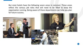 56
But most hotels have the following seven areas in common. These areas
reflect the various job roles that will need to be filled to keep the
organization running. Being aware of these departments can help you plan
for future success.
 