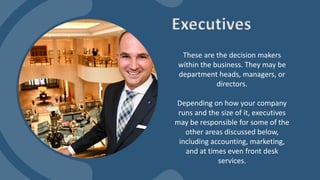 These are the decision makers
within the business. They may be
department heads, managers, or
directors.
Depending on how your company
runs and the size of it, executives
may be responsible for some of the
other areas discussed below,
including accounting, marketing,
and at times even front desk
services.
Executives
 