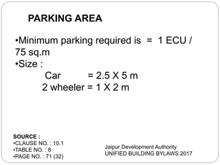 PARKING AREA
•Minimum parking required is = 1 ECU /
75 sq.m
•Size :
Car = 2.5 X 5 m
2 wheeler = 1 X 2 m
SOURCE :
•CLAUSE NO. : 10.1
•TABLE NO. : 8
•PAGE NO. : 71 (32)
Jaipur Development Authority
UNIFIED BUILDING BYLAWS 2017
 