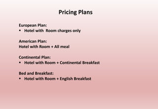 Pricing Plans
European Plan:
 Hotel with Room charges only
American Plan:
Hotel with Room + All meal
Continental Plan:
 Hotel with Room + Continental Breakfast
Bed and Breakfast:
 Hotel with Room + English Breakfast
 