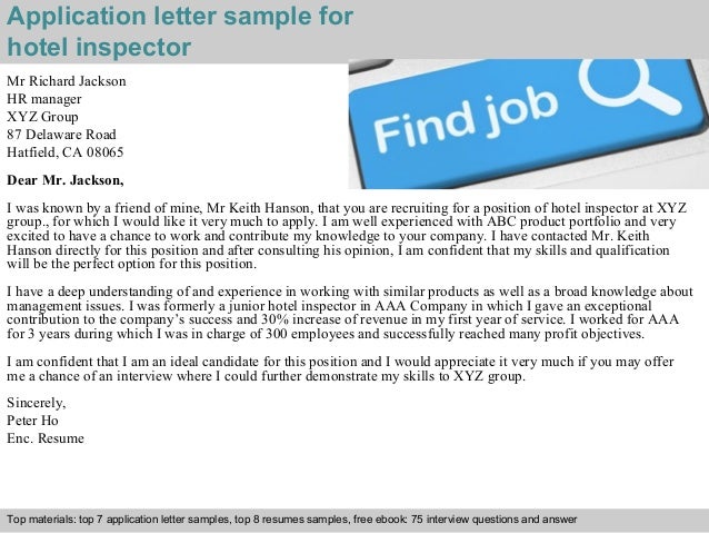 Hotel inspector application letter
