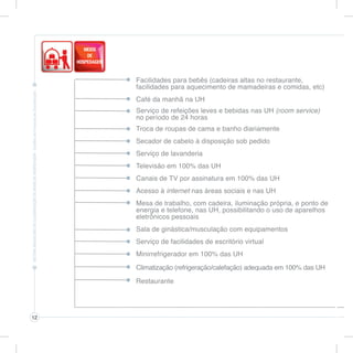 12
Facilidades para bebês (cadeiras altas no restaurante,
facilidades para aquecimento de mamadeiras e comidas, etc)
Café da manhã na UH
Serviço de refeições leves e bebidas nas UH (room service)
no período de 24 horas
Troca de roupas de cama e banho diariamente
Secador de cabelo à disposição sob pedido
Serviço de lavanderia
Televisão em 100% das UH
Canais de TV por assinatura em 100% das UH
Acesso à internet nas áreas sociais e nas UH
Mesa de trabalho, com cadeira, iluminação própria, e ponto de
energia e telefone, nas UH, possibilitando o uso de aparelhos
eletrônicos pessoais
Sala de ginástica/musculação com equipamentos
Serviço de facilidades de escritório virtual
Minirrefrigerador em 100% das UH
Climatização (refrigeração/calefação) adequada em 100% das UH
Restaurante
 