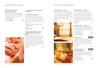 3130
… ausgleichend für Körper
und Geist
„Lindenhof Turm Massage“
Ein einzigartiger Erlebnisgenuss im Freien –
hoch oben – über den Dächern von Naturns!
Ganz frisch, frei und naturnah erleben Sie eine
Aroma-Ganzkörpermassage. Lindenhof Turm
Massage – ein unvergessliches Ereignis – alleine
oder zu zweit!
Anmerkung: Bei guter Witterung von Mai bis
September buchbar!
ca. 50 Min.	 75 €
ca. 70 Min. (mit Bad)	 99 €
„Impulsive Lebensgeister“ – Ener-
giefußmassage nach Pater Josef
Eugster
Die Energiefußmassage ist eine ganzheitliche
Behandlung. Die Technik ist eine Kombination
aus westlichem und asiatischem Wissen. Teil-
gebiete werden mit einem Stäbchen behan-
delt- dies ermöglicht ein besseres, tieferes und
gezielteres Behandeln. Wir stärken die körperei-
genen Abwehrkräfte und fördern den Ausgleich
in Körper Geist und Seele.
ca. 50 Min.	 66 €
„Geheime Mission“ – Tuina
Die Massagetherapie der Traditionellen Chine-
sischen Medizin: Über Schiebung, Streichung,
Drücken und Klopfungen entlang der Meridiane
sowie Gelenksmobilisation wird das Energie-
und Harmoniegleichgewicht wieder hergestellt.
Geheime Mission mit tiefer Wirkung!
ca. 50 Min.	 70 €
„Neuer Schwung“ – Shiatsu
Mit Hilfe von Finger-, Ellenbogen-, Hand-,
Knie- und Fußdruck auf verschiedene Akku-
pressurpunkte sowie Dehnungen der Meridi-
ane wird dem Körper eine innere Ruhepause
und Erholung gegönnt. Neuer Schwung mit
asiatischer Technik – ganz im Gleichgewicht
und direkt spürbar! Wird in bequemer Kleidung
durchgeführt.
ca. 50 Min.	 70 €
„Natürliche Note“ – Pantai Luar
Warmes Öl und Kräuterstempel lösen Verspan-
nungen, aktivieren die Zellerneuerung und las-
sen Sie tief ausgeglichen fühlen. Eine natürliche
Note mit Mehrwert!
ca. 25 Min. (Teilkörper)	 45 €
ca. 50 Min. (Ganzkörper)	 89 €
Lomi Lomi Nui
Hawaiianische Ganzkörpermassage mit war-
men Kokosöl. In tiefer Entspannung werden
körperliche und seelische Blockaden gelöst
und Harmonie von Körper, Geist und Seele in
Einklang gebracht.
ca. 80 Min. 	 104 €
„Hot Stone Massage“
mit Tiroler Steinöl
Tiefenentspannende Massage mit warmen
Lavasteinen, speziellen Massagegriffen und
Tiroler Steinöl. Empfehlenswert bei Muskelver-
spannungen.
ca. 50 Min. (Rücken)	 70 €
ca. 80 Min. (Ganzkörper)	 92 €
„Nachhaltige Leichtigkeit“ –
Drainierende Massage
Sanft, rhythmische Massagebewegungen hin-
terlassen leichte, entstaute Beine. Nachhaltige
Leichtigkeit für Sportler oder ideal ergänzend
zur Cellulitebehandlung!
ca. 25 Min. (Teilkörper)	 33 €
ca. 50 Min. (Ganzkörper)	 66 €
Vielfältige Massagen Fernöstliche Massagen
NEU
NEU
 
