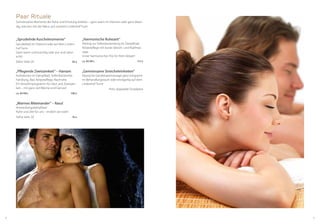 54
„Sprudelnde Kuschelmomente“
Sprudelbad im Vitarium oder auf dem Linden-
hof Turm.
Ganz warm und kuschlig oder pur und natur­
echt!
Siehe Seite 20	 38 €
„Pflegende Zweisamkeit“ – Hamam
Aufwärmen im Dampfbad, Seifenbürstenbe-
handlung, Bad, Körperpflege, Nachruhe.
Ein Verwöhnprogramm für Haut und Zweisam-
keit – mit ganz viel Wärme und Genuss!
ca. 80 Min.	 108 €
„Warmes Miteinander“ – Rasul
Anwendungsdampfbad
Ruhe und Zeit für uns – endlich wir zwei!
Siehe Seite 20	 76 €
„Harmonische Ruhezeit“
Peeling zur Selbstanwendung im Dampfbad,
Körperpflege mit kurzer Streich- und Kopfmas-
sage.
Unser harmonisches Trio für Ihren Körper!
ca. 80 Min.	 115 €
„Gemeinsame Streicheleinheiten“
Klassische Ganzkörpermassage ganz entspannt
im Behandlungsraum oder einzigartig auf dem
Lindenhof Turm!
	 Preis: doppelter Einzelpreis
Paar Rituale
Gemeinsame Momente der Ruhe und Erholung erleben – ganz warm im Vitarium oder ganz leben-
dig, wie eins mit der Natur, auf unserem Lindenhof Turm.
 