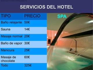 http://www.zenbalagares.com/website/sites/default/files/image_galleries/spa_01.jpg




                                                            SERVICIOS DEL HOTEL
TIPO                                                                     PRECIO      SPA
Baño relajante 50€

Sauna                                                                    14€

Masaje normal 20€

Baño de vapor 30€

Manicura                                                                 25€

Masaje de                                                                60€
chocolate
Todo                                                                     325€
 