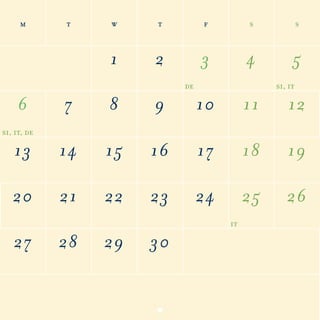 m t w t f s s
1 2 3 4 5
6 7 8 9 10 11 12
13 14 15 16 17 18 19
20 21 22 23 24 25 26
27 28 29 30
 