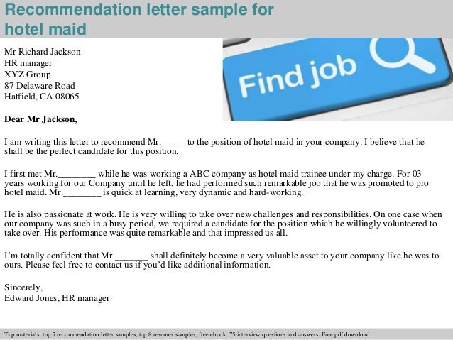 Reference Letter For Hospitality Employee