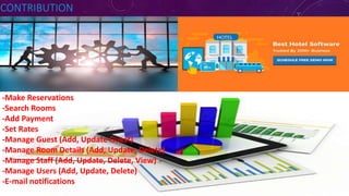 CONTRIBUTION
-Make Reservations
-Search Rooms
-Add Payment
-Set Rates
-Manage Guest (Add, Update Guest)
-Manage Room Details (Add, Update, Delete)
-Manage Staff (Add, Update, Delete, View)
-Manage Users (Add, Update, Delete)
-E-mail notifications
 
