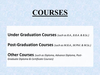 COURSES
Under Graduation Courses (such as B.A., B.B.A. & B.Sc.)
Post-Graduation Courses (such as M.B.A., M.Phil. & M.Sc.)
Other Courses (such as Diploma, Advance Diploma, Post-
Graduate Diploma & Certificate Courses)
 