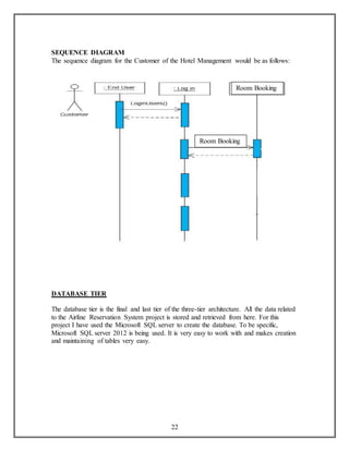 SEQUENCE DIAGRAM 
The sequence diagram for the Customer of the Hotel Management would be as follows: 
22 
DATABASE TIER 
Room Booking 
Room Booking 
The database tier is the final and last tier of the three-tier architecture. All the data related 
to the Airline Reservation System project is stored and retrieved from here. For this 
project I have used the Microsoft SQL server to create the database. To be specific, 
Microsoft SQL server 2012 is being used. It is very easy to work with and makes creation 
and maintaining of tables very easy. 
 