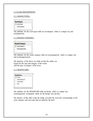 24 
2.1 CLASS DESCRIPTIONS 
2.1.1 ROOM TYPES:- 
The attributes for the room types table are roomtypeid, which is a unique key and 
roomtypename. 
2.1.2 ROOM CATEGORY:- 
The attributes for the rooms category table are roomcategoryid, which is a unique key 
and roomcategoryname. 
The functions of the above two table are that the admin can 
Search for the type and category of the rooms. 
Add the type or category of the room. 
2.1.3 ROOM FARE:- 
The attributes for the ROOMFARE table are fareid, which is a unique key, 
roomcategoryid, roomtypeid which are the foreign key and fare. 
The function of this table is that the admin can enter the room fare corresponding to the 
room category and room type that are added in the hotel. 
 