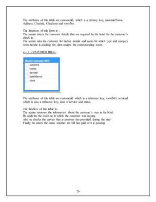 The attributes of this table are customerid, which is a primary key, customerName, 
Address, Checkin, Checkout and roomNo. 
The functions of this form is : 
The admin enters the customer details that are required by the hotel for the customer’s 
check in. 
The admin asks the customer for his/her details and seeks for which type and category 
room he/she is availing for, then assigns the corresponding room. 
26 
2.1.7 CUSTOMER BILL:- 
The attributes of this table are customerid which is a reference key, roomNO, serviced 
which is also a reference key, date of service and status. 
The function of this table is;- 
The admin retrieves the information about the customer’s stay in the hotel. 
He adds the the room no in which the customer was staying. 
Also he checks the service that a customer has prevailed during the stay 
Finally he enters the status whether the bill has paid or it is pending. 
 