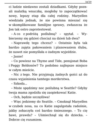 ci ludzie niedawno zostali dziadkami. Gdyby pozn-
ali malutką wnuczkę, mogłoby to zapoczątkować
nowy, lepszy etap dla całej rodziny. Maryellen
wiedziała jednak, że nie powinna mieszać się
w skomplikowane familijne sprawy, zwłaszcza że
Jon tak ostro zaprotestował.
– A co z podróżą poślubną? – spytał. – Wy-
bierzemy się gdzieś chociaż na dzień lub dwa?
– Naprawdę tego chcesz? – Ostatnio była tak
bardzo zajęta pakowaniem i planowaniem ślubu,
że nawet nie pomyślała o żadnym wyjeździe.
– Jasne!
– Co powiesz na Thyme and Tide, pensjonat Boba
i Peggy Beldonów? To podobno najlepsze miejsce
w całym mieście.
– Nic z tego. Nie przyjmują żadnych gości aż do
czasu wyjaśnienia tamtego morderstwa.
– Szkoda…
– Może spędzimy noc poślubną w Seattle? Gdyby
twoja mama zgodziła się zaopiekować Katie.
– Och, będzie szczęśliwa!
– Więc jedziemy do Seattle. – Cmoknął Maryellen
w czubek nosa, na co Katie zagulgotała radośnie,
jakby zobaczyła coś bardzo śmiesznego. – To cię
bawi, prawda? – Uśmiechnął się do dziecka. –
Dobrze cię rozumiem.
34/50
 