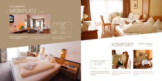 K
Familienzimmer

Kronplatz                                        ca. 40 m²




Ideal für Familien, mit getrennten
Schlaf- und Wohnraum.
                                     Ideale per famiglie, con camera da
                                     letto e soggiorno separati.
                                                                          Ideal for families, with separated
                                                                          bedroom and living room.




                                                                                                                                            K    Komfort                                     Doppelzimmer
                                                                                                                                                                                                          ca. 28 m²




                                                                                                               Gemütliches Standard Doppelzim-   Accogliente camera matrimoniale     Spacious standard double room
                                                                                                               mer mit Panoramablick auf den     standard con veduta panoramica su   with panoramic view over Plan de
                                                                                                               Kronplatz.                        Plan de Corones.                    Corones.
 