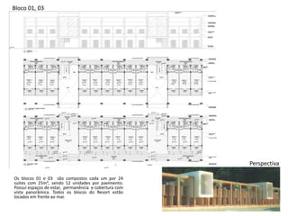 Bloco 01, 03
Perspectiva
Os blocos 01 e 03 são compostos cada um por 24
suites com 25m², sendo 12 unidades por pavimento.
Possui espaços de estar, permanência e cobertura com
vista panorâmica. Todos os blocos do Resort estão
locados em frente ao mar.
 