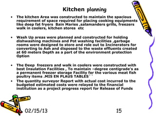 Kitchen planning
•   The kitchen Area was constructed to maintain the spacious
    requirement of space required for placing cooking equipments
    like deep fat fryers Bain Maries ,salamanders grills, freezers
    walk in coolers, kitchen stores etc

•   Wash Up areas were planned and constructed for holding
    dishwashing machines and Pot washing facilities ,garbage
    rooms were designed to store and role out to Incinerators for
    converting to Ash and disposed to the waste effluents created
    at 60 meters Depth as a part of the environment protection
    Option

•   The Deep freezers and walk in coolers were constructed with
    best Insulation Facilities , To maintain –degree centigrade's as
    a permanent freezer storage Facility for the various meat fish
    poultry items .MIS EN PLAUS TABLES``
•   The quantity surveyor Report with actual cost incurred to the
    budgeted estimated costs were relayed to the financial
    institution as a project progress report for Release of Funds




        02/15/13                                        15
 