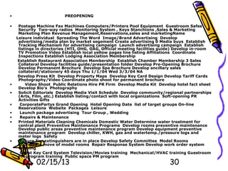 •                         PREOPENING

•    Postage Machine Fax Machines Computers/Printers Pool Equipment Guestroom Safes
     Security Two-way radios Monitoring System , Keys Stanchions ,Sales & Marketing
     Marketing Plan Revenue Management,Reservations,sales and marketingName
    Leisure individual Spreading The Word Image/Brand Advertising Develop
     advertising/media plan by market segement Create advertising 0 Media buys Establish
     Tracking Mechanism for advertising campaign Launch advertising campaign Establish
     listings in directories (HTI, OHG, OAG, Official meeting facilities guide) Develop in-room
     TV Promotion Video Establish local yellow pages line listing Affiliations Coordinate
     Inspections Establish Lodging Association Membership
     Establish Restaurant Association Membership Establish Chamber Membership 3 Sales
     Collateral Develop facilities guide/presentation folder Develop Pre-Opening Brochure
     Develop Permanent Brochure Develop Spa Brochure Develop ancillary sales
     collateral/stationery 45 days Thu 1/1/04 Wed 3/3/04 NA
     Develop Press Kit Develop Property Maps Develop Key Card Design Develop Tariff Cards
     Photography/Video Coordinate photo shoot for permanent brochure
•        Video Shoot Public Relations Hire PR Firm Develop Media Kit Develop hotel fact sheet
     Develop Bio's Photography
•    Solicit Editorials Develop Media Visit Schedule Develop community/regional partnerships
     (Arts, Film, etc.) Establish listing/contact with local organizations Soft-opening PR
     Activities Gifts
•     CorporatePartys Grand Opening Hotel Opening Date list of target groups On-line
     Reservations Website Packages Leisure
•     Launch package advertising Tour Group , Wedding
•     Repairs & Maintenance
•    Printed Materials Cleaning Chemicals Domestic Water Determine water treatment for
     central plant Preventive Maintenance Programs Develop rooms preventive maintenance
     Develop public areas preventive maintenance program Develop equipment preventive
     maintenance program Develop chiller, KWH, gas and watertemp./pressure logs and
     meter logs Safety
•     Ensure fire extinguishers are in place Develop Safety Committee Model Rooms
     Coordinate move of model rooms Repair Response System Develop work order system
     Training
•     Guest Key Card System Television/Movies training Mechanical/HVAC training Guestroom
     PM program training Public space PM program
             02/15/13                                                      30
 