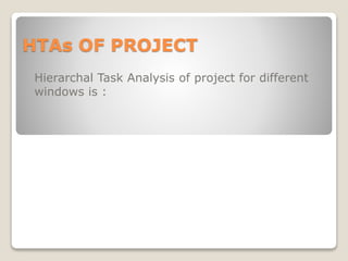HTAs OF PROJECT
Hierarchal Task Analysis of project for different
windows is :