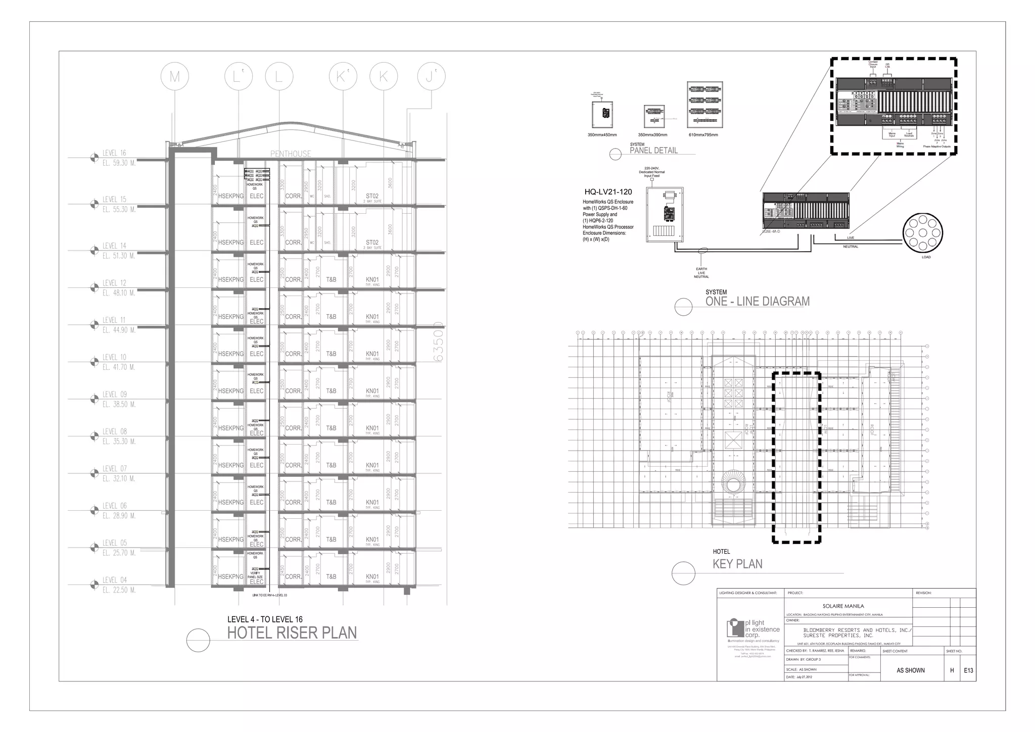 220-240V,
Dedicated Normal
Input Feed
HQ-LV21-120
HomeWorks QS Enclosure
with (1) QSPS-DH-1-60
Power Supply and
(1) HQP6-2-120
HomeWorks QS Processor
Enclosure Dimensions:
(H) x (W) x(D)
EARTH
LIVE
NEUTRAL
NEUTRAL
LIVE
LOAD
220-240V,
Dedicated Normal
Input Feed
350mmx450mm
DIN railSpace Space
350mmx390mm 610mmx795mm
CHECKED BY: T. RAMIREZ, REE, IESNA
DRAWN BY: GROUP 3
SCALE: AS SHOWN
DATE:
REMARKS: SHEET CONTENT
LIGHTING DESIGNER & CONSULTANT: PROJECT:
LOCATION:
OWNER:
SOLAIRE MANILA
REVISION:
SHEET NO.
BAGONG NAYONG PILIPINO ENTERTAINMENT CITY, MANILA
UNIT 601, 6TH FLOOR, ECOPLAZA BUILDING PASONG TAMO EXT., MAKATI CITY
FOR COMMENTS:
FOR APPROVAL: