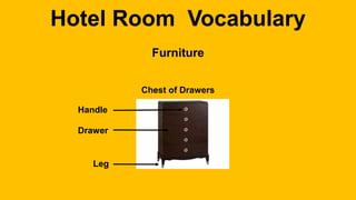 Hotel Room Vocabulary
Furniture
Chest of Drawers
Drawer
Leg
Handle
 