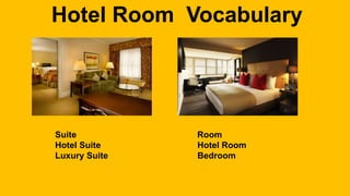 Hotel Room Vocabulary
Suite Room
Hotel Suite Hotel Room
Luxury Suite Bedroom
 