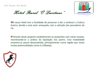 Hotel Rural “O Lusitano”
O nosso Hotel tem a finalidade de preservar e dar a conhecer a Cultura
Avieira, devido a esta estar ameaçada, com a extinção dos pescadores de
rio.
Através deste projecto estabeleceram-se protocolos com várias escolas,
incentivando-se a prática da Equitação nos jovens. Esta modalidade
encontra-se pouco desenvolvida, principalmente numa região que reúne
muitas potencialidades como é o Ribatejo.
Escola Secundária Sá da Bandeira
 