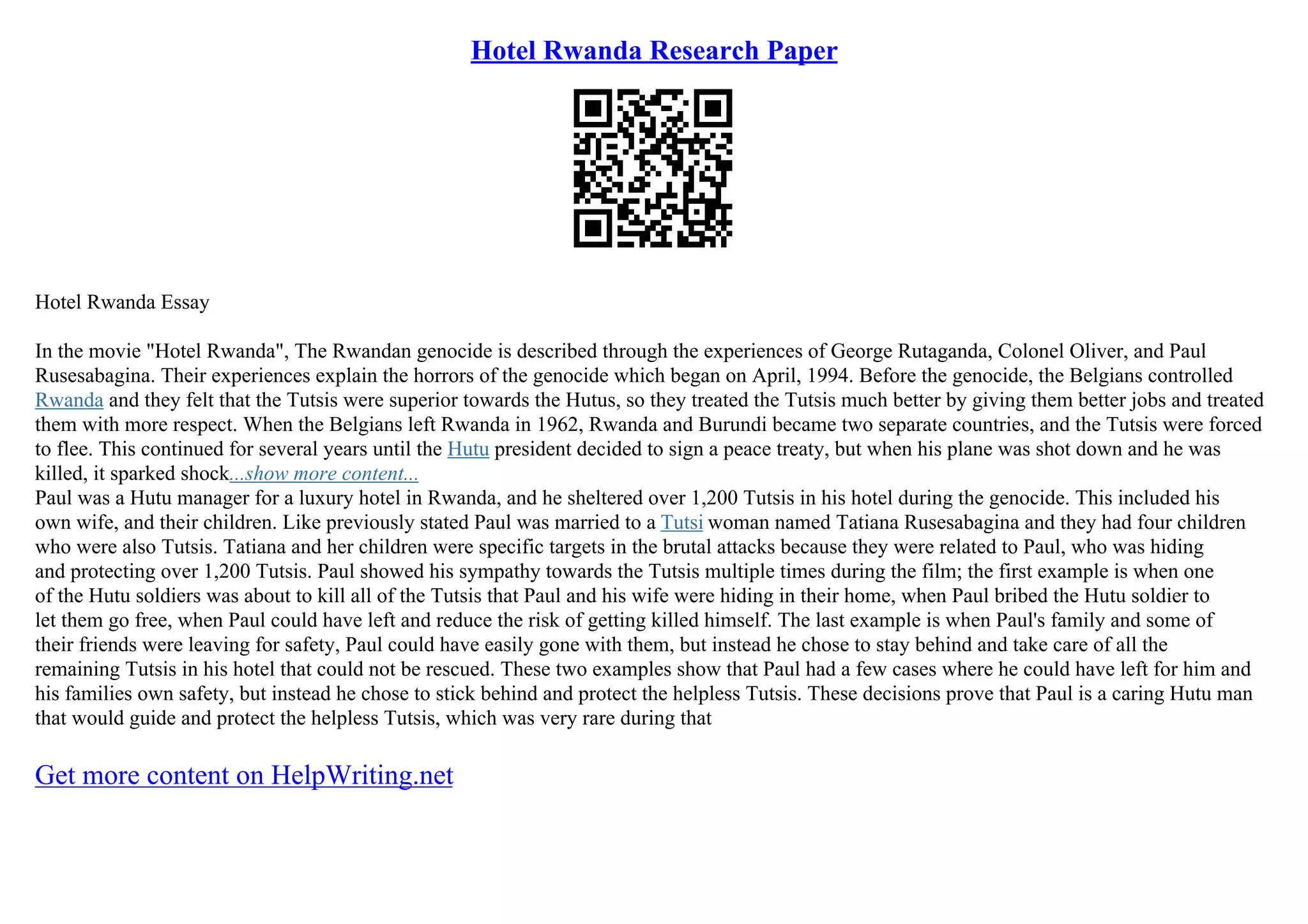 Hotel Rwanda Research Paper | PDF