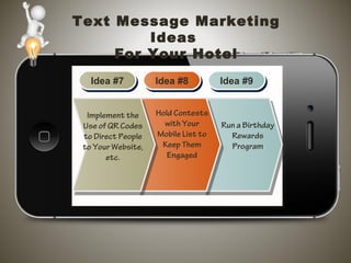 Text Message Marketing
Ideas
For Your Hotel
Idea #7Idea #7 Idea #8Idea #8 Idea #9Idea #9
Implement the
Use of QR Codes
to Direct People
to Your Website,
etc.
Hold Contests
with Your
Mobile List to
Keep Them
Engaged
Run a Birthday
Rewards
Program
 