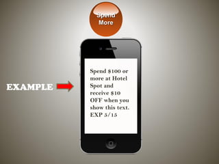 EXAMPLE
Spend $100 or
more at Hotel
Spot and
receive $10
OFF when you
show this text.
EXP 5/15
SpendSpend
MoreMore
 