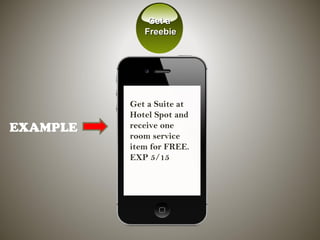 EXAMPLE
Get a Suite at
Hotel Spot and
receive one
room service
item for FREE.  
EXP 5/15
Get aGet a
FreebieFreebie
 