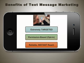 Extremely TARGETED
Permission-Based (Opt-in)
Reliable, INSTANT Reach
Benefits of Text Message Marketing
 