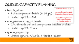 QUEUE CAPACITY PLANNING
§ batch_size
§ # of examples per batch (ie. 64 jpg)
§ Limited by GPU RAM
§ num_processing_threads
§ CPU threads pull and pre-process batches of data
§ Limited by CPU Cores
§ queue_capacity
§ Limited by CPU RAM (ie. 5 * batch_size)
Saturate those GPUs!
GPU Pulls Batches while
Processing Current Batch
AsyncMemory Transfer
with CUDA Streams
-- Thanks,Nvidia!! --
 