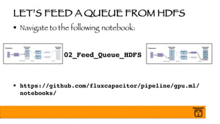 LET’S FEED A QUEUE FROM HDFS
§ Navigate to the following notebook:
02_Feed_Queue_HDFS
§ https://github.com/fluxcapacitor/pipeline/gpu.ml/
notebooks/
 
