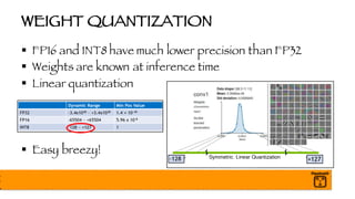 WEIGHT QUANTIZATION
§ FP16 and INT8 have much lower precision than FP32
§ Weights are known at inference time
§ Linear quantization
§ Easy breezy!
 
