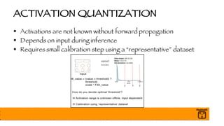 ACTIVATION QUANTIZATION
§ Activations are not known without forward propagation
§ Depends on input during inference
§ Requires small calibration step using a “representative” dataset
 