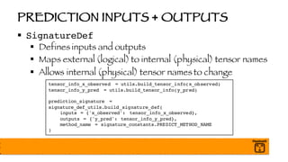 PREDICTION INPUTS + OUTPUTS
§ SignatureDef
§ Defines inputs and outputs
§ Maps external (logical) to internal (physical) tensor names
§ Allows internal (physical) tensor names to change
tensor_info_x_observed = utils.build_tensor_info(x_observed)
tensor_info_y_pred = utils.build_tensor_info(y_pred)
prediction_signature =
signature_def_utils.build_signature_def(
inputs = {'x_observed': tensor_info_x_observed},
outputs = {'y_pred': tensor_info_y_pred},
method_name = signature_constants.PREDICT_METHOD_NAME
)
 