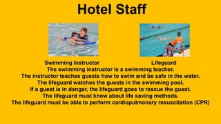 Hotel Staff 
Swimming Instructor Lifeguard 
The swimming instructor is a swimming teacher. 
The instructor teaches guests how to swim and be safe in the water. 
The lifeguard watches the guests in the swimming pool. 
If a guest is in danger, the lifeguard goes to rescue the guest. 
The lifeguard must know about life saving methods. 
The lifeguard must be able to perform cardiopulmonary resuscitation (CPR) 
 