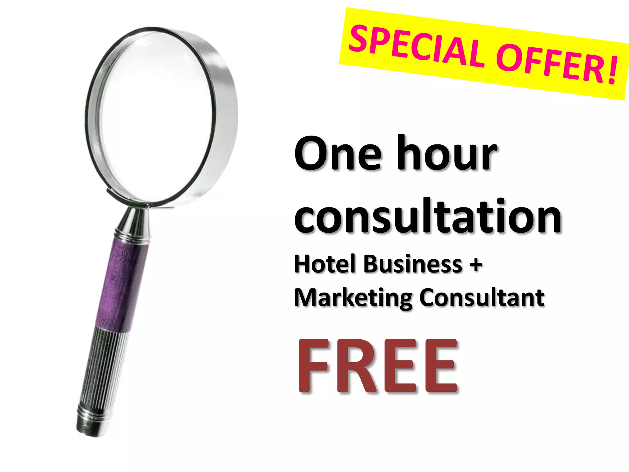 One hour
consultation
Hotel Business +
Marketing Consultant
FREE
 