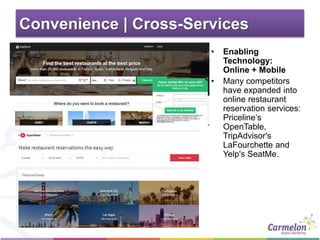 Convenience | Cross-Services
• Enabling
Technology:
Online + Mobile
• Many competitors
have expanded into
online restaurant
reservation services:
Priceline’s
OpenTable,
TripAdvisor's
LaFourchette and
Yelp's SeatMe.
 