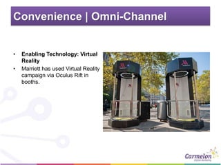 Convenience | Omni-Channel
• Enabling Technology: Virtual
Reality
• Marriott has used Virtual Reality
campaign via Oculus Rift in
booths.
 